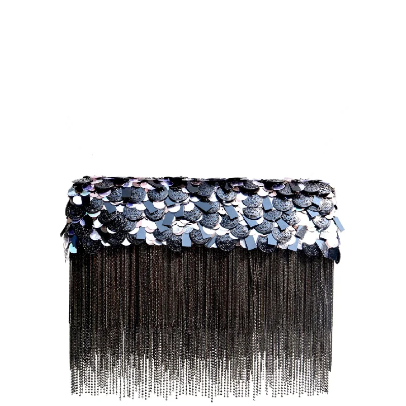 Lace - Trimmed Satin Clutch in Ivory for Garden WeddingsBlack Shimmy Ombre' Clutch Lace - Trimmed Satin Clutch in Ivory for Garden WeddingsBlack Shimmy Ombre' Clutch