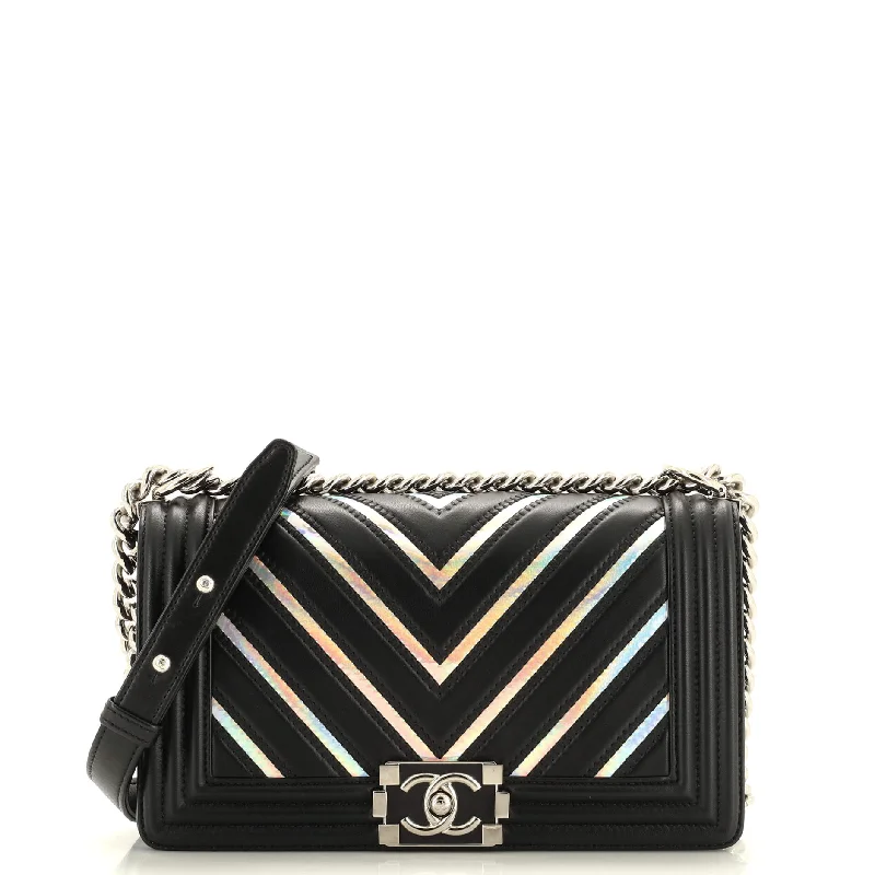 Leather - Trimmed Denim Crossbody Bag in Blue for a Vintage - Inspired LookBoy Flap Bag Chevron Lambskin with Holographic PVC Old Medium Leather - Trimmed Denim Crossbody Bag in Blue for a Vintage - Inspired LookBoy Flap Bag Chevron Lambskin with Holographic PVC Old Medium