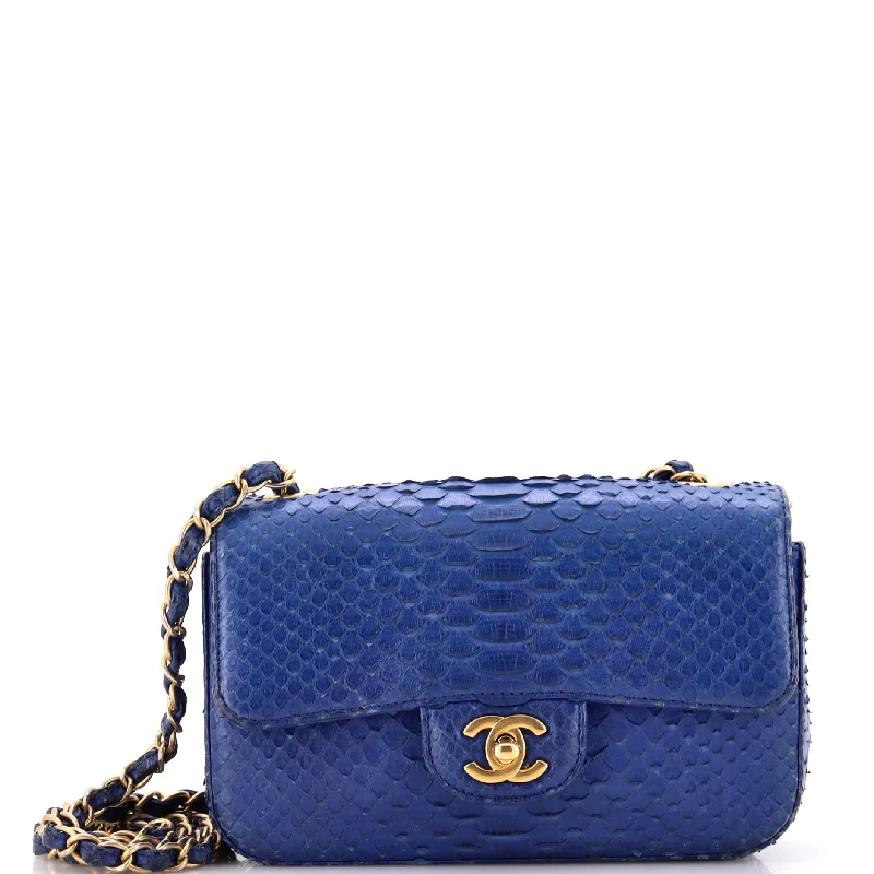 Leather - Trimmed Denim Crossbody Bag in Blue for a Vintage - Inspired LookClassic Single Flap Bag Python Mini Leather - Trimmed Denim Crossbody Bag in Blue for a Vintage - Inspired LookClassic Single Flap Bag Python Mini