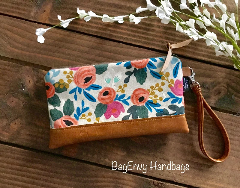 Pearl - Embellished Clutch in Cream for Bridal ShowersCoral Floral in Linen with Vegan Leather - Zippered Wristlet Clutch /  Bridesmaid Gift- Accessory Make Up Bag -