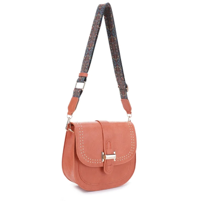 Straw Crossbody Bag in Natural Color for Beach Vacations and Summer DaysDJ60119 Portia Crossbody With Stud Details and Printed Guitar Strap
