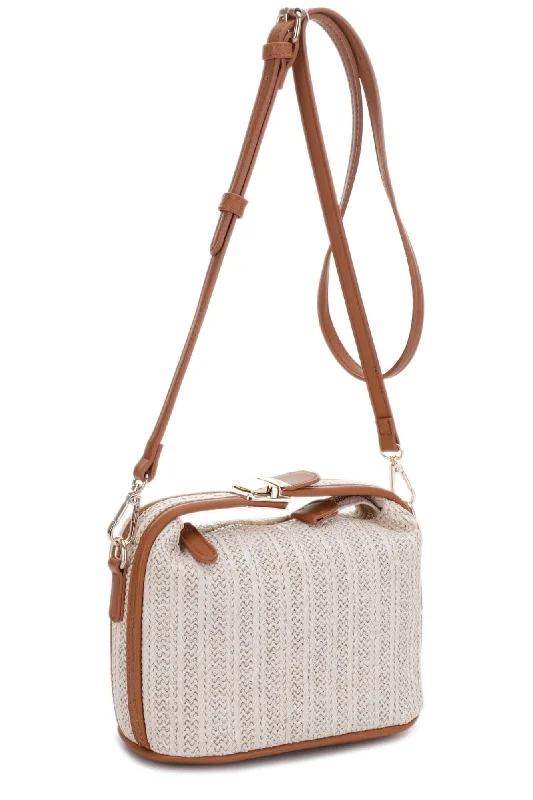 Quilted Leather Crossbody Bag in Cream for a Classic and Elegant AppearanceEJ85059 Tammy Buckle Handle Straw Crossbody Bag Quilted Leather Crossbody Bag in Cream for a Classic and Elegant AppearanceEJ85059 Tammy Buckle Handle Straw Crossbody Bag
