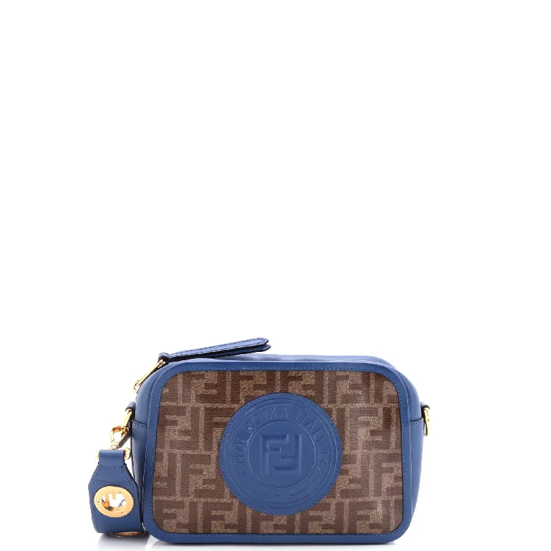 Women's Crossbody Bag with Chain Strap in Gold for a Glamorous TouchF is Fendi Logo Stamp Camera Bag Zucca Coated Canvas Small