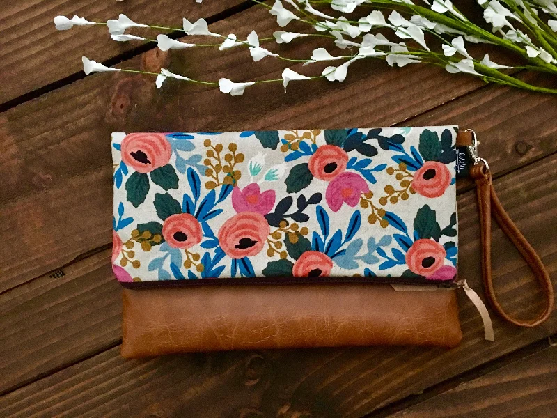 Geometric - Patterned PVC Evening Bag in Multicolor for Trendy Nights OutFold Over Clutch - Coral Floral In Linen with Vegan Leather - Detachable Wristlet