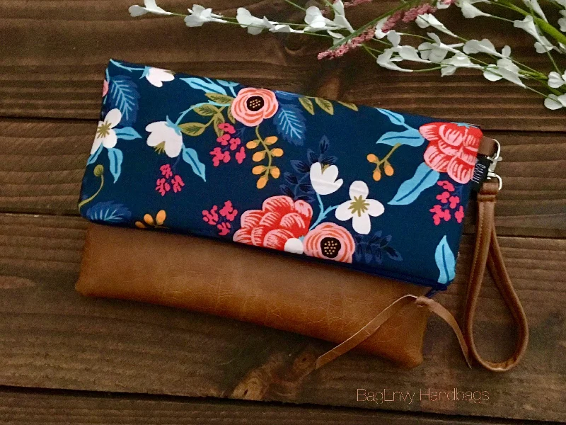 Bejeweled Clutch in Purple for Opera PerformancesFold Over Clutch - Les Fleurs / Floral Navy with Vegan Leather - Detachable Wristlet Bejeweled Clutch in Purple for Opera PerformancesFold Over Clutch - Les Fleurs / Floral Navy with Vegan Leather - Detachable Wristlet