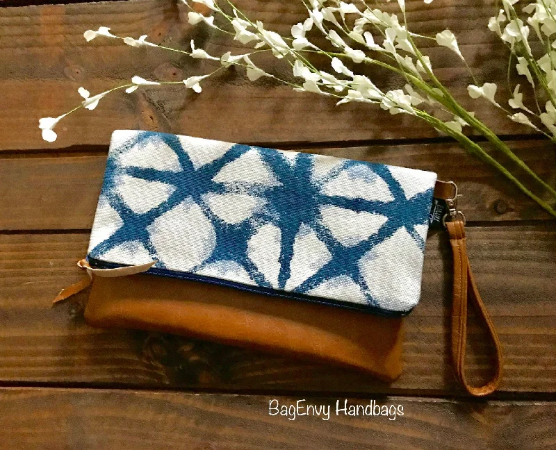 Quilted Leather Evening Bag in Gray for Sophisticated EventsFold Over Clutch - Navy Shibori with Vegan Leather - Detachable Wristlet Quilted Leather Evening Bag in Gray for Sophisticated EventsFold Over Clutch - Navy Shibori with Vegan Leather - Detachable Wristlet