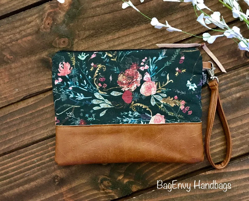 Leather Clutch with Chain Strap in Black for Cocktail PartiesGrab N Go Wristlet Clutch -Boho Floral in Midnight in Charcoal with Vegan Leather Leather Clutch with Chain Strap in Black for Cocktail PartiesGrab N Go Wristlet Clutch -Boho Floral in Midnight in Charcoal with Vegan Leather