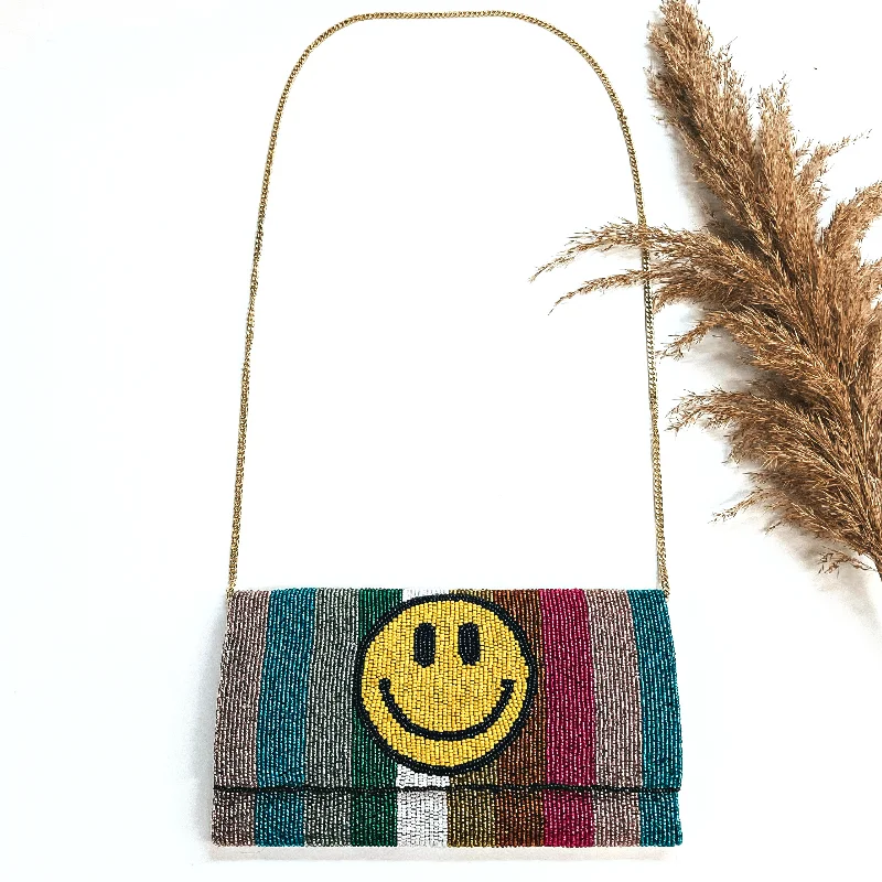 Pearl - Embellished Clutch in Cream for Bridal ShowersHappy Days Seedbeaded Clutch Bag in Multicolor with Yellow Happy Face and Gold Tone Chain