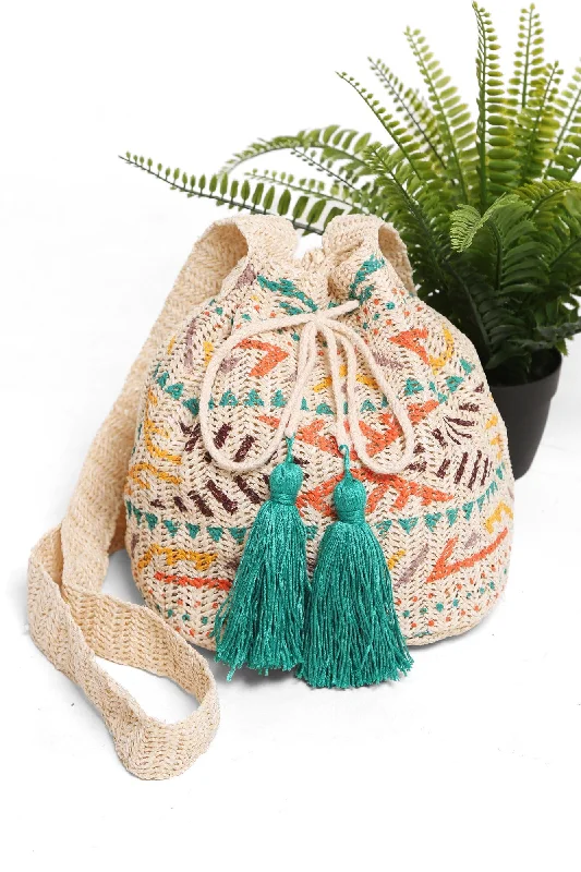 Medium - sized Canvas Crossbody Bag in Beige with Floral Print for Spring OutingsJBG211 Ariel Tribal Straw Crossbody Bucket Bag Medium - sized Canvas Crossbody Bag in Beige with Floral Print for Spring OutingsJBG211 Ariel Tribal Straw Crossbody Bucket Bag