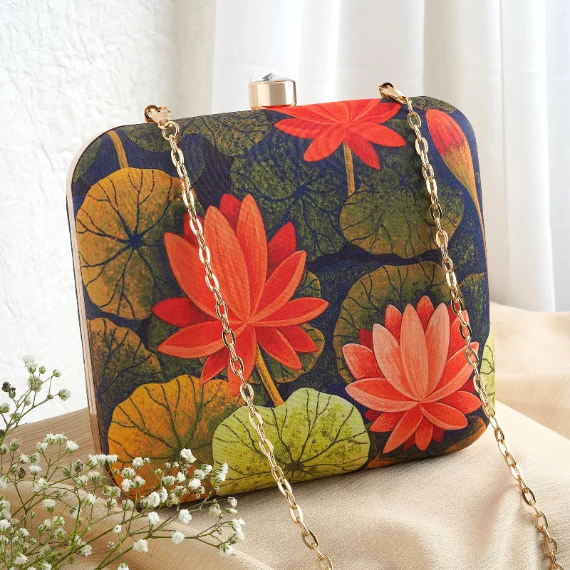 Quilted Leather Evening Bag in Gray for Sophisticated EventsLove and Lotus Navy Blue and Red Printed Clutch Quilted Leather Evening Bag in Gray for Sophisticated EventsLove and Lotus Navy Blue and Red Printed Clutch