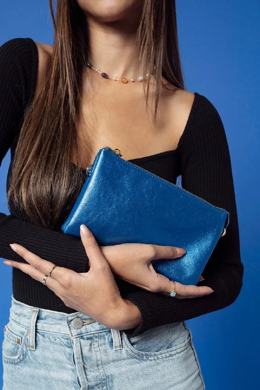 Waterproof Nylon Crossbody Bag in Navy Blue for Outdoor Hiking TripsM013 Riley Plain Metallic 3 Compartment Crossbody/Wristlet