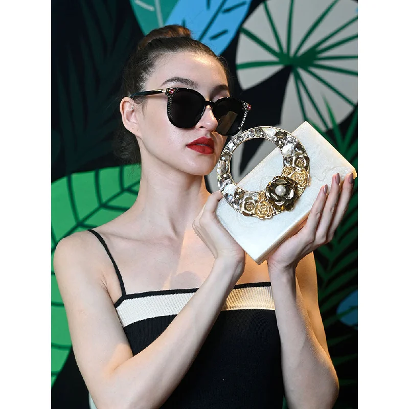 Lace - Trimmed Satin Clutch in Ivory for Garden WeddingsOdette Off White Resin Embellished Clutch for Women Lace - Trimmed Satin Clutch in Ivory for Garden WeddingsOdette Off White Resin Embellished Clutch for Women