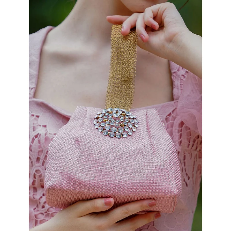 Bejeweled Clutch in Purple for Opera PerformancesOdette Pink Embellished Clutch Bag With Golden Mesh Handle Bejeweled Clutch in Purple for Opera PerformancesOdette Pink Embellished Clutch Bag With Golden Mesh Handle