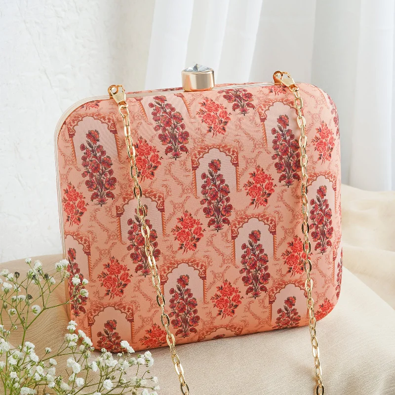 Women's Glittery Clutch in Blue for Disco - Themed EventsPowder Peach Stone and Print Clutch Women's Glittery Clutch in Blue for Disco - Themed EventsPowder Peach Stone and Print Clutch