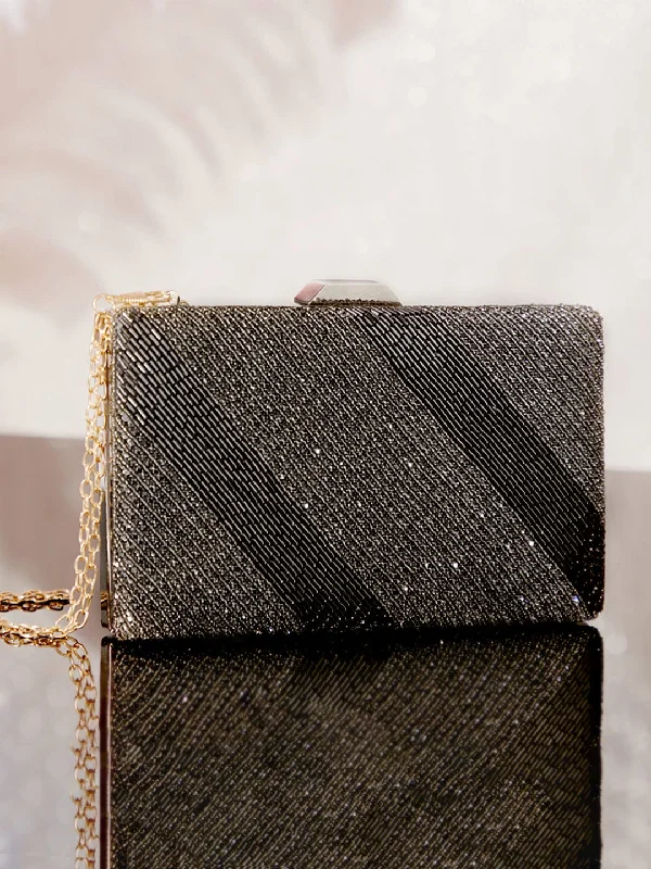Quilted Leather Evening Bag in Gray for Sophisticated EventsRubans Black Colour Box Clutch With Shine And Embroided Stone Design. Quilted Leather Evening Bag in Gray for Sophisticated EventsRubans Black Colour Box Clutch With Shine And Embroided Stone Design.