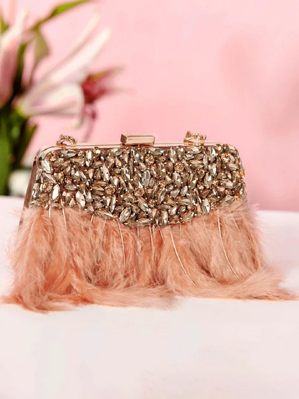 Women's Faux Fur Clutch in White for Winter BallsRubans Brown Colour Clutch Bag With Studded Stone And Brown Fur. Women's Faux Fur Clutch in White for Winter BallsRubans Brown Colour Clutch Bag With Studded Stone And Brown Fur.