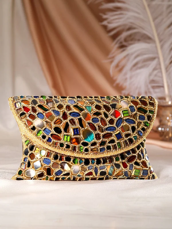 Women's Monogrammed Leather Clutch in Tan for Personalized StyleRubans Multicolour Stone Studded Clutch Bag With Golden Embroided Design Women's Monogrammed Leather Clutch in Tan for Personalized StyleRubans Multicolour Stone Studded Clutch Bag With Golden Embroided Design