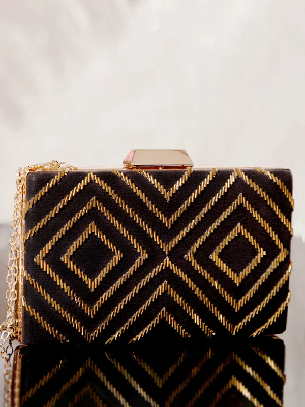 Women's Glittery Clutch in Blue for Disco - Themed EventsRubans Navy Blue Coloured Box Clutch With Embellished Golden Beads Women's Glittery Clutch in Blue for Disco - Themed EventsRubans Navy Blue Coloured Box Clutch With Embellished Golden Beads