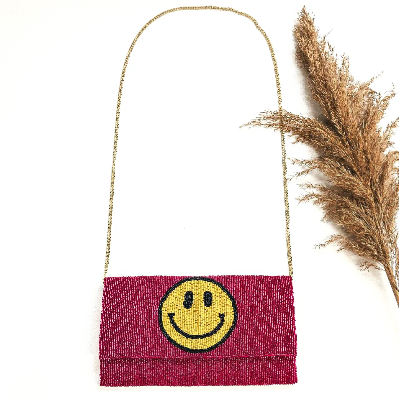 Velvet Clutch Bag in Burgundy with Crystal Embellishments for Formal DinnersHappy Days Seedbeaded Clutch Bag in Fuchsia with Yellow Happy Face and Gold Tone Chain Velvet Clutch Bag in Burgundy with Crystal Embellishments for Formal DinnersHappy Days Seedbeaded Clutch Bag in Fuchsia with Yellow Happy Face and Gold Tone Chain