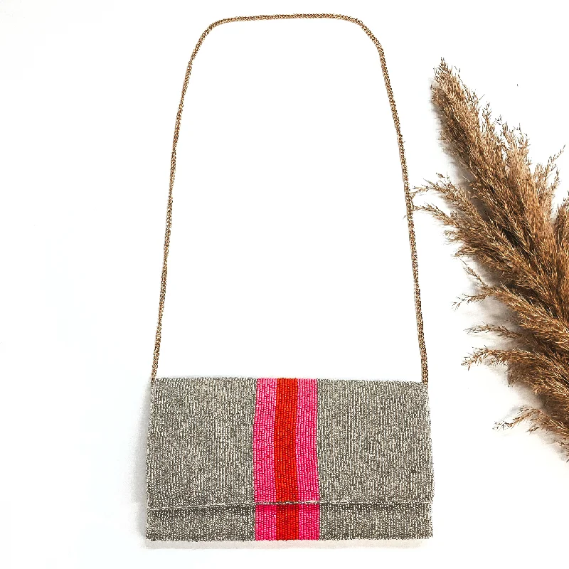 Women's Lizard - Print Clutch in Brown for a Chic LookIncredible Love Seedbeaded Striped Clutch Bag in Silver with Gold Tone Chain Women's Lizard - Print Clutch in Brown for a Chic LookIncredible Love Seedbeaded Striped Clutch Bag in Silver with Gold Tone Chain