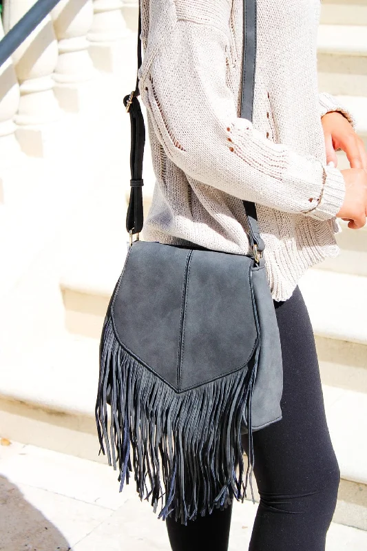 Women's Small Leather Crossbody Bag in Black with Gold Hardware for Evening PartiesSJ20308 Michelle Boho Fringe Vegan Suede Crossbody Bag