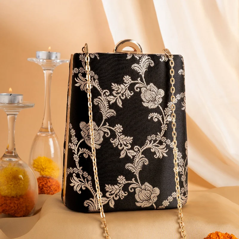 Women's Embroidered Silk Evening Bag in Navy for WeddingsTeejh Oriana Box Clutch