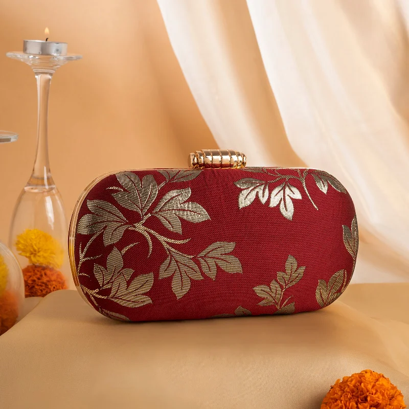Leather Clutch with Chain Strap in Black for Cocktail PartiesTeejh Mishani Leaf Brocade Clutch Leather Clutch with Chain Strap in Black for Cocktail PartiesTeejh Mishani Leaf Brocade Clutch