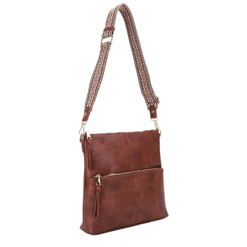Leather - Trimmed Denim Crossbody Bag in Blue for a Vintage - Inspired LookEJ60192 Monique Cross Body Bag With Guitar Strap Leather - Trimmed Denim Crossbody Bag in Blue for a Vintage - Inspired LookEJ60192 Monique Cross Body Bag With Guitar Strap